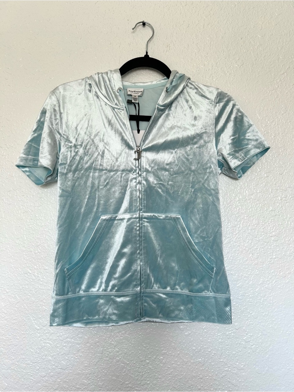 Juicy Couture Light Aqua Velour Short Sleeve Zip Hoodie